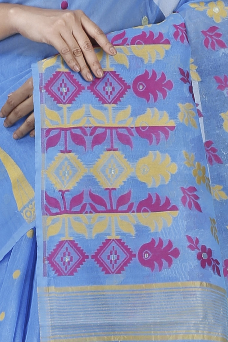 Sky Blue Pure Cotton Urmila Jamdani Saree (1125)